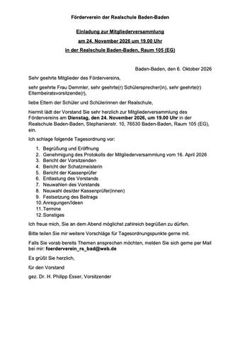 Einladung Mitgliederversammlung Förderverein Realschule Baden-Baden